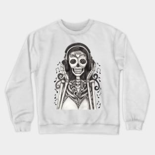 Sugar skull woman happy with headphones listen music day of the dead. Crewneck Sweatshirt